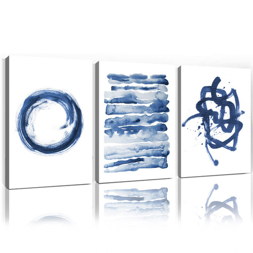 Blue and White Abstract Wall Art Blue Watercolor Painting Modern Abstract Artwork Navy Blue Canvas Wall Art Blue Geometric Art Print Minimalist Pictures Abstract Blue Wall Art Prints 16x24inchx3 No Frame