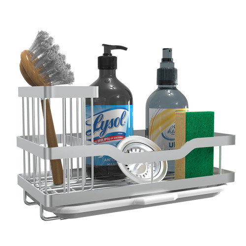Maifan Kitchen Sink Caddy Organizer with Detachable Brush Holder, Multifunctional Sponge Holder for Kitchen Sink, Silver Dish Soap Caddy Rustproof Sink Holder with Drip Tray for Countertop Storage