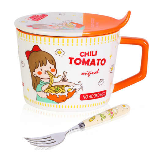 34 OZ Ramen Bowl with Lid,Instant Noodle mug,Ceramic Large Soup Bowl with Handle, Cute Ramen Bowl,Ramen Lovers Gift. (Orange)