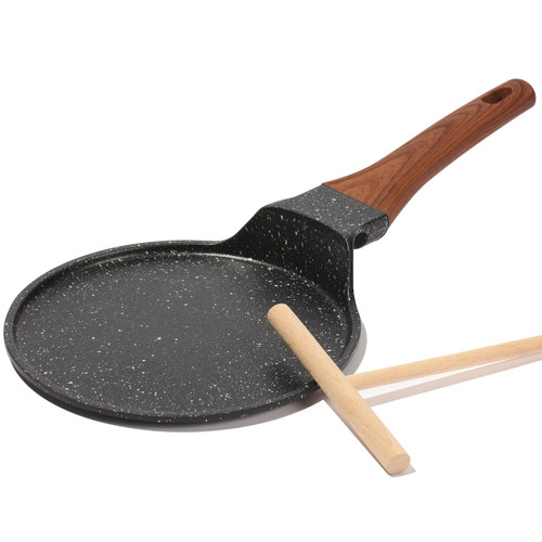 ESLITE LIFE Nonstick Crepe Pan with Spreader, 8 Inch Granite Coating Flat Skillet Tawa Dosa Tortilla Pan, Compatible with All Stovetops (Gas, Electric & Induction), PFOA Free, Black