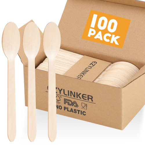 (100 Count) Disposable Wooden Cutlery Set - Alternative to Plastic, Eco Friendly, Biodegradable, Compostable Cutlery Set - 100 Wooden Spoons Disposable Utensils Set (100 Count) Disposable Wooden Cutlery Set - Alternative to Plastic, Eco Friendly, Biodegradable, Compostable Cutlery Set - 100 Wooden Spoons Disposable Utensils Set
