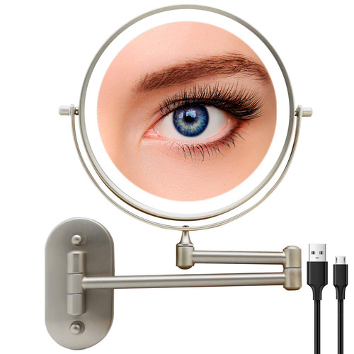Rechargeable Lighted Makeup Mirror Wall Mount, 8'' Double Side 1X 10X Magnifying Makeup Mirror with Light, Extendable Vanity Mirror with 3 Color Modes, Touch Screen Dimming Bathroom Mirror