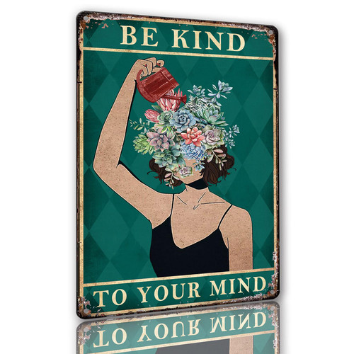 Be Kind To Your Mind Sign Vintage Wall Art Flower Tin Signs Plant Lover Gifts for Women Retro Metal Tin Sign Boho Room Decor Hippie Poster Home Aesthetic Office Decor Be Kind Tin Signs 8x12 Inch