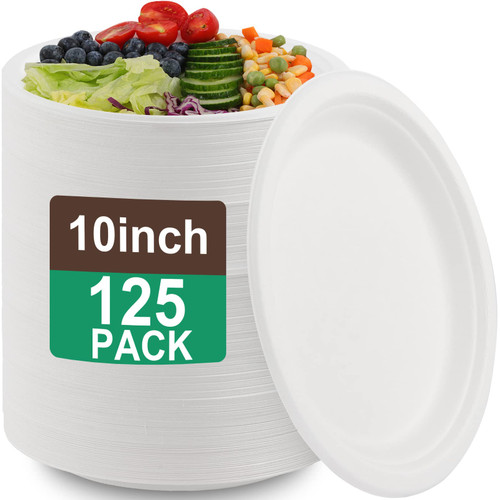 125 Pack Paper Plates,100% Compostable 10 Inch Heavy-Duty Plates,Disposable Plates Paper Plates,Eco-Friendly Disposable White Bagasse Plate,Biodegradable Paper Plates for Party,Picnic,Camping (10inch)