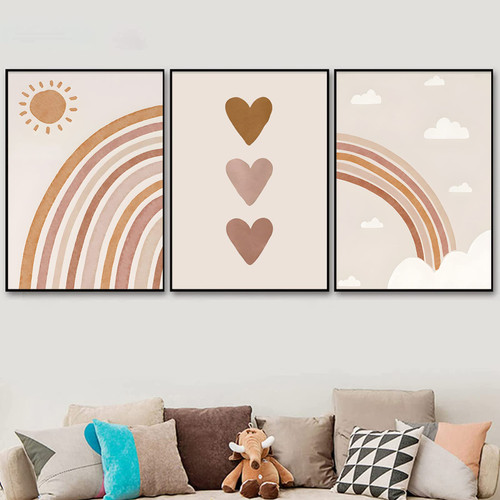 Nursery Wall Art Heart Sun Rainbow Canvas Wall Art Sun and Rainbow Poster Baby Artwork for Nursery Rainbow Posters Sun Art Prints Boho Nursery Artwork for Baby Kids Room Decor 12x16inchx3pcs No Frame