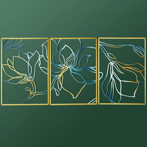 3 Panels Metal Flowers Wall Decor Modern Abstract Nature Floral Line Wall Sculpture Minimalist Decor Metal Home Hanging Wall Art for Home Bedroom Above Bed Wall Decor, 11.8 x 17 Inch (Gold and Blue)