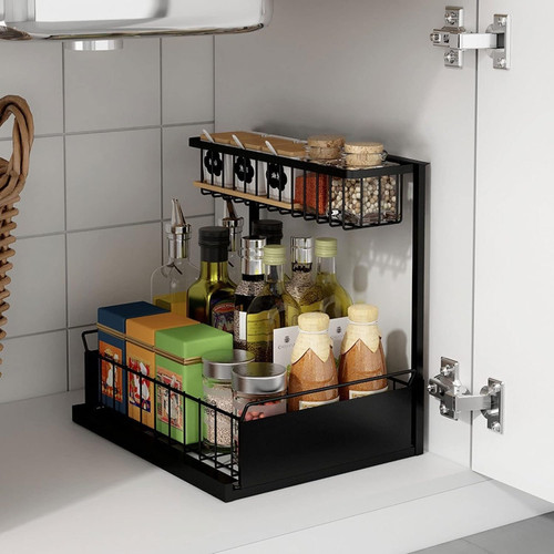 Under Sink Organizer 2-Tier Slide Out Sliding Shelf Under Cabinet Storage Pull Out Cabinet Organizer Multi-Use for Under Kitchen Bathroom