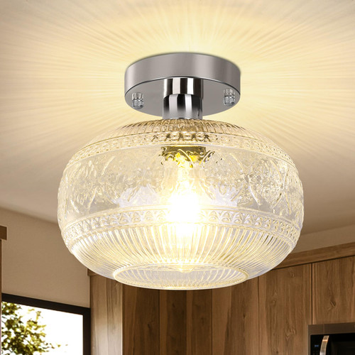 ONELEJA Semi Flush Mount Ceiling Light, Hallway Light Fixture, Globe Glass Ceiling Light, Industrial Light Fixture, Farmhouse Kitchen Light, Modern Ceiling Lamp for Porch Entryway Bedroom(Silver)