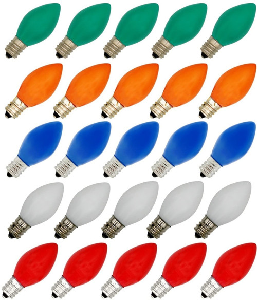 25 Pack C7 LED Multicolor Replacement Light Bulbs for Christmas Light Strings, 0.7W Ceramic LED Vintage Light Bulbs for C7 Outdoor String Lights, Candle Lamps, Night Lights, E12 Candelabra Base