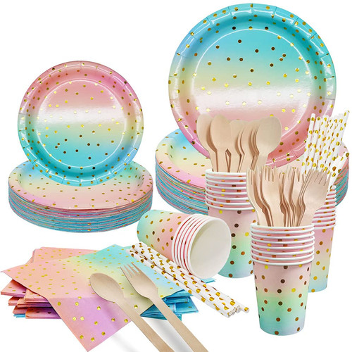 168PCS Pink and Gold-Pastel Party Supplies, Severs 24 Disposable Party Dinnerware Include Paper Party Plates, Cups, Napkins, Straw, Wooden Fork Spoon for Wedding, Rainbow Party, Birthday Baby Shower