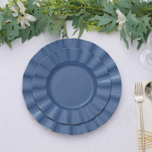 Efavormart 10 Pack | Dusty Blue 9" Round Plastic Dinner Plates, Disposable Tableware with Gold Wavy Rim for Wedding, Outdoor Receptions, Banquets, Holiday Dining