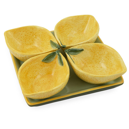 Boston International Ceramic Sauce/Condiment Serving Bowls with Tray, Set of 4, Painterly Lemons