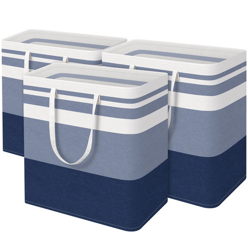 EpicTotes 3-Pack Large Laundry Basket, Collapsible Laundry Hamper, Freestanding Waterproof Laundry Bag, Tall Clothes Hamper-Extended&Reinforced Handles-for College Dorm, Family-Gradient Blue/100L