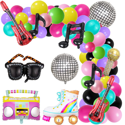 80s 90s Party Decorations Bundle Radio Boom Box,139PCS Roller Skate 4D Disco Foil Balloons Retro Mobile Phone Guitar Microphone Balloons Garland Arch Kit Hip Hop Disco Fever Birthday Party Decoration