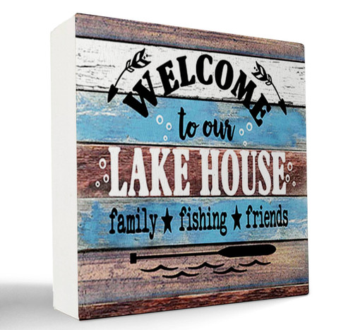 kunlisa Welcome to Our Lake House Wooden Box Sign Desk Decor,Rustic Lake Themed Wood Block Plaque Box Sign for Lake House Summer Home Wall Shelf Tabletop Decoration,Lake Lover Gifts