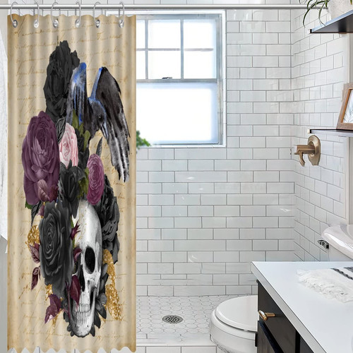 Skull Skeleton And Crow Rose Shower Curtain Set with Hooks Abstract Flower Horror Bathroom Curtain Home Bathroom Decorations Polyester Waterproof Bathroom Shower Curtain with Rustproof Holes 35x70