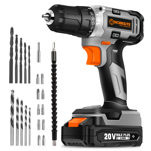 WORKSITE Cordless Drill/Driver Kit, 20V MAX 3/8" Compact Drill Set with 2.0A Battery, Charger, 309 In-lbs Max Torque, 24pcs Accessories for Drilling Wood Metal