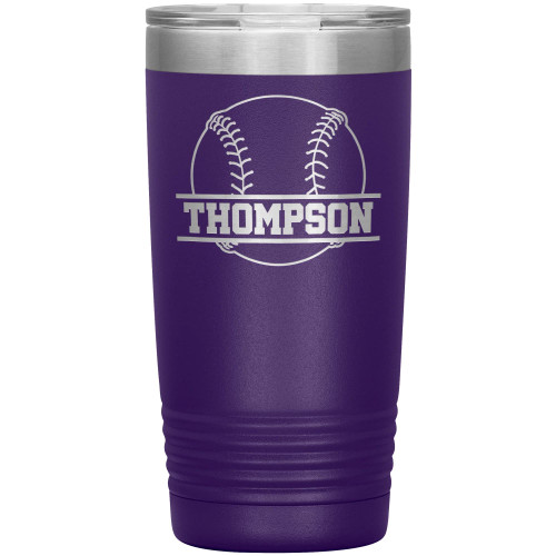 JFWcreations Personalized Baseball Tumbler With Name - Baseball Cup - 20oz Insulated Engraved Stainless Steel Baseball Travel Mug - Baseball Gift Purple