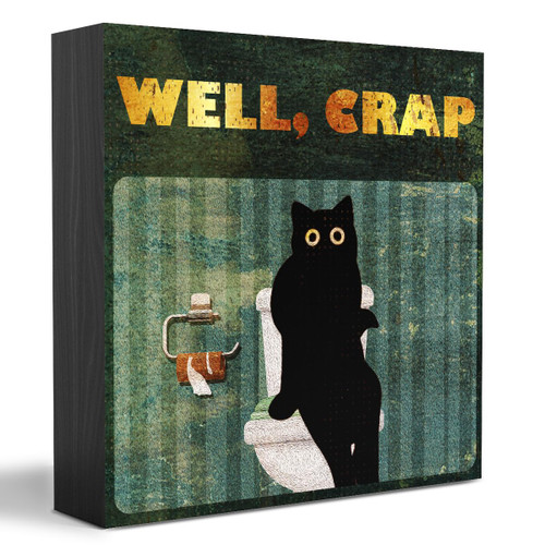 Retro Toilet Black Cat Wooden Box Sign Table Decor Plaque Well Crap Wood Box Sign Art Home Toilet Shelf Desk Decoration 5 x 5 Inches