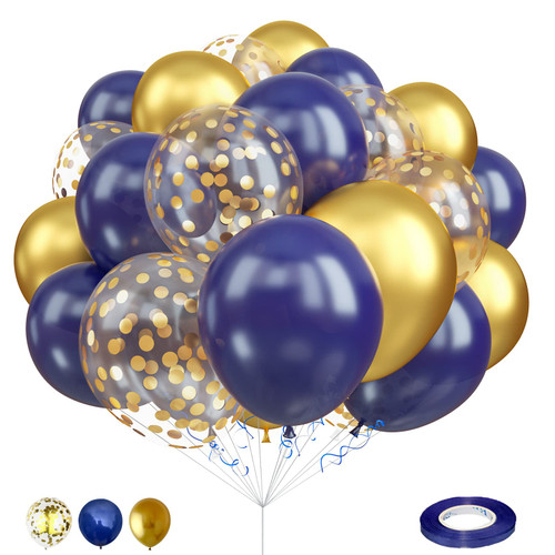 Balloons Navy Blue and Gold, 12 Inch Navy Blue Metallic Chrome Gold and Confetti Latex Balloons, Blue Gold Party Balloons Helium Balloon Set for Boys Birthday, Wedding, Baby Shower Party Decorations