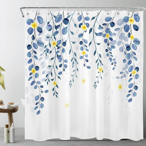 LB Eucalyptus Shower Curtain Decor, Blue Eucalyptus Leaf and Yellow Floral on White Background Shower Curtains for Bathroom 72X72 inch Polyester Fabric Bathroom Decoration Bath Curtains Hooks Included