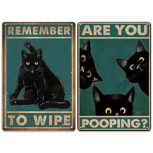 Funny Bathroom Decor Metal Signs Black Cat Decor, Cat Bathroom Decor Vintage Bathroom signs Bathroom Wall Decor, 12x8 Inches Retro Funny Bathroom Signs Cat Bathroom Accessories for Home, Bathroom, Gifts Cat Decor for Cat Lovers- 2Pcs
