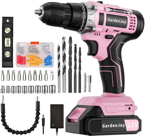 GardenJoy Cordless Power Drill Set - 21V Electric Drill Driver Kit with Battery Charger, 3/8" Keyless Chuck, 65pcs Acessories, 24+1 Torque Setting for DIY Project Home Improvement