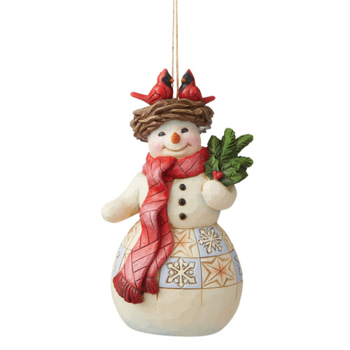 Enesco Jim Shore Heartwood Creek Snowman with Cardinal Nest Hat Hanging Ornament, 4.72 Inch, Multicolor