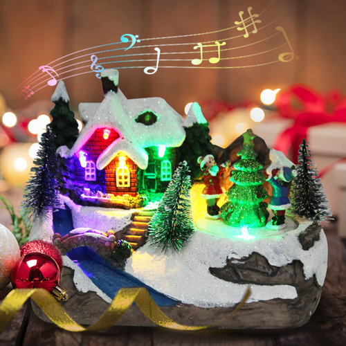 Christmas Decorations Snow Village Resin Building Figurines Revolving Kids & Tree Musical Snow Globe Christmas Collectible Buildings 8 Music for Vintage Christmas Decor for Kids Christmas Tree