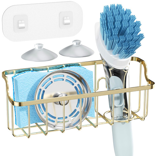 Consumest Ladder-Shaped Sponge Holder for Kitchen Sink with Adhesive Hook & Suction Cups, SUS 304 Rustproof Kitchen Sink Organizer, Versatile Sink Caddy for Sponge, Brush, Sink Stopper - Gold