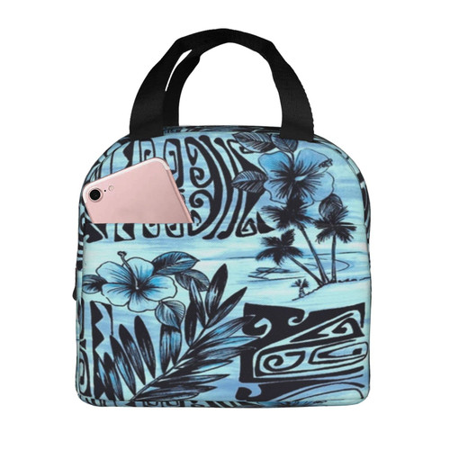 Reusable Lunch Tote Bag Hawaiian Hibiscus Blue Floral Insulated Lunch Bag Durable Cooler Lunch Box
