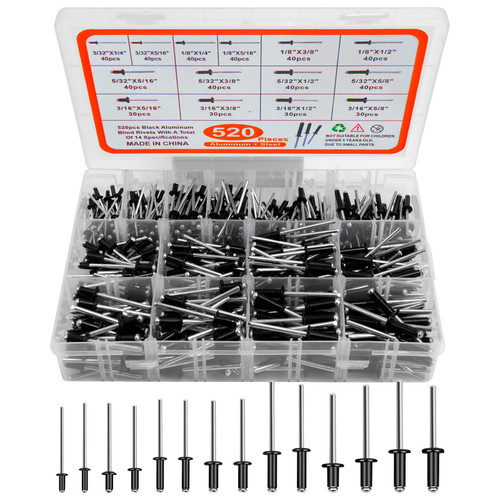 520pcs Black Rivets Pop Rivets Assortment Kit, LJINGE 14 Sizes Aluminum Blind Rivets, Assorted Blind Rivets with Reinfored Divider & Labeled Case for Storage