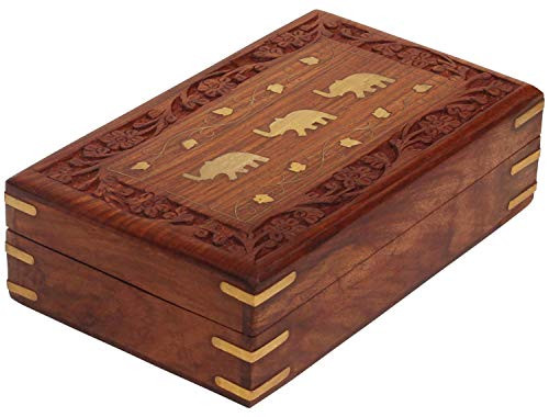 Wooden Jewelry Box Trinket Holder Keepsake Storage Box Organizer with Intricately Hand Carved Elephant Brass Inlay & Velvet Interior by PRC Wooden Jewelry Box Trinket Holder Keepsake Storage Box Organizer with Intricately Hand Carved Elephant Brass Inlay & Velvet Interior by PRC