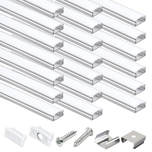Tiianmai 20-Pack 3.3ft/1Meter U Shape LED Aluminum Channel System with Milky White Diffuser Cover,Mounting Clips and End Caps,Easy Cut and Installed Aluminum Profiles?U2040?8x17mm.