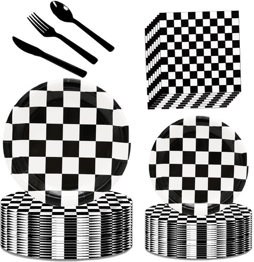 Black and White Checkered Race Car Party Supplies 150Pcs,Racing Party Tableware Set 9"& 7"Checkered Plates and Checkered Flag Napkins Knives Forks Spoons for Race Car Themed Birthday Party Decorations Black and White Checkered Race Car Party Supplies 150Pcs,Racing Party Tableware Set 9"& 7"Checkered Plates and Checkered Flag Napkins Knives Forks Spoons for Race Car Themed Birthday Party Decorations