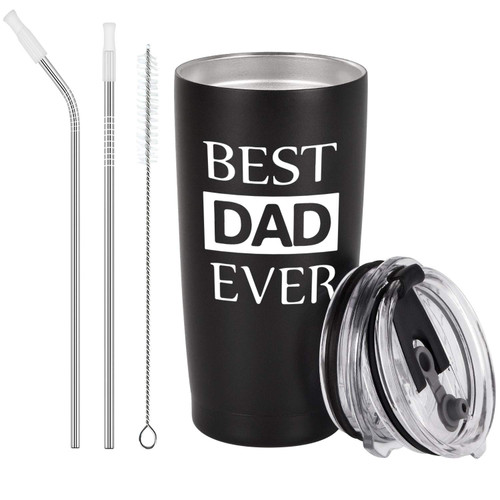 GINGPROUS Father's Day Idea for Dad Father New Dad, Dad Ever Stainless Steel Travel Tumbler With 2 Lids, Insulated Double Wall Travel Tumbler Funny Dad Idea from Daughters Sons(20oz, Black)