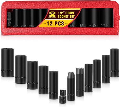 BLACKROBOT 1/2" Drive Impact Socket Set, 10-27MM, 12pcs Cr-v Deep Socket Set, 6 Point Design Metric Socket Set, Meets ANSI Standards, 17MM, 19MM