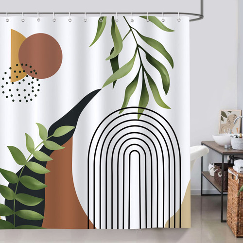 Bonhause Green Leaf Mid Century Abstract Shower Curtain for Bathroom Boho Arch Sun Decorative Bath Curtain 72 x 72 Inch Polyester Fabric Waterproof Bathroom Curtain with 12 Hooks