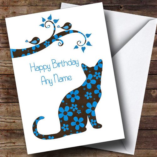 Blue & Brown Floral Cat Personalized Birthday Greetings Greetings Card