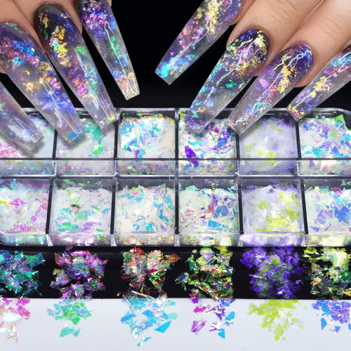 12 Boxes Nail Art Glitter Sequins Irregular Fragments Cellophane Illusion Fragments Polarized Powder Nail Glitter Holographic Design DIY Decoration Accessories 12 Boxes Nail Art Glitter Sequins Irregular Fragments Cellophane Illusion Fragments Polarized Powder Nail Glitter Holographic Design DIY Decoration Accessories