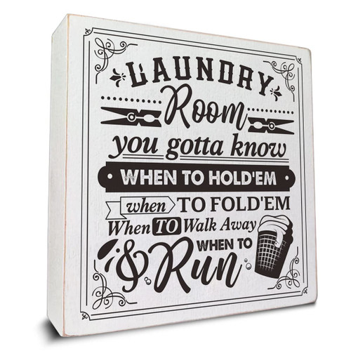 Laundry Room Wooden Box Sign Desk Decor, You Gotta Know When to Hold'em Rustic Wood Box Sign for Laundry Room Shelf Table Decoration 5 X 5 Inch
