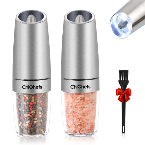 Electric Gravity Salt and Pepper Mill Set, Automatic Salt and Pepper Mill Grinder, Battery Operated with White LED Light, Adjustable Coarseness, One Handed Operation, Stainless Steel by ChiChefs