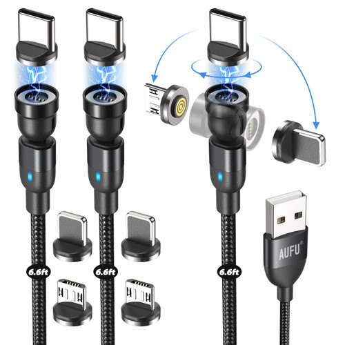 AUFU 5Pin Magnetic Charging Cable [3Pack, 6ft], QC 3.0/3A Fast Charging Cord, 360 Rotating Magnetic Phone Charger Data Transfer Cable/3 in 1 USB Magnetic Charger Cable for USB C, Micro USB, i-Product