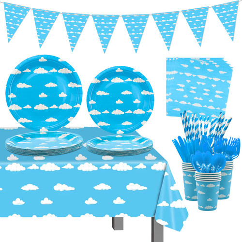 Blue Sky White Clouds Decorations, Sky Clouds Themed Birthday Party Supplies for Kids Birthday Baby Shower Party Plates Knives Forks Spoons Napkins Table Cover Cups Flags Serves 20