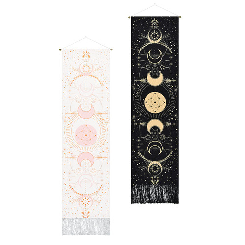 Pack of 2 Moon Phase Tapestry Moon Tapestry Bohemian Wall Art Tapestries Vertical Tapestry Wall Hanging for Room(Black+Pink, 12.8 x 51.2 inches)