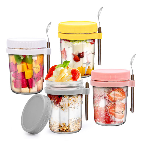 FISHOAKY 4 Pack Overnight Oats Containers with Lids and Spoons, 12 oz Glass Mason Jars for Overnight Oats with Measurement,Overnight Oats Jars Airtight Jars for Milk, Cereal, Fruit, Yogurt and More FISHOAKY 4 Pack Overnight Oats Containers with Lids and Spoons, 12 oz Glass Mason Jars for Overnight Oats with Measurement,Overnight Oats Jars Airtight Jars for Milk, Cereal, Fruit, Yogurt and More
