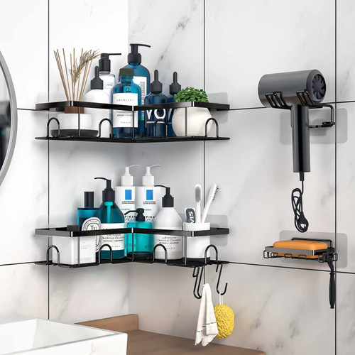 JOFUNBEAU Corner Shower Shelf, 3 Pack Adhesive Shower Caddy with Soap Holder&2 Hooks&Hairdryer Shelf,Rustproof Shower Shelves Storage Organizer Rack for Inside Shower Bathroom Kitchen(Matte Black)