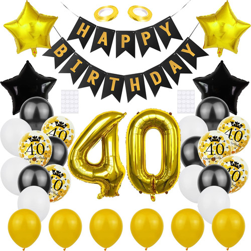 40th Birthday Decorations for Men Women, Black Gold 40th Birthday Balloons Kit Star Balloons with Gold Number 40 Foil Balloon Happy Birthday Banner for him 40 Year Old Birthday Party Supplies