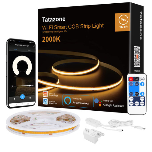 Tatazone 2000K Yellow Smart COB Led Strip Light with App and Remote Control, 16.4ft WiFi Amber Bright Led Light Strip Work with Alexa and Google, Dimmable Indoor Led Lights for Club, Home, Hotel