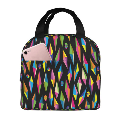 Reusable Lunch Tote Bag Rainbow Geometric Skull Pattern Insulated Lunch Bag Durable Cooler Lunch Box